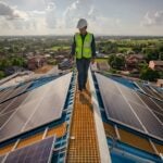 Solar roofing engineering technician working on top of high building, while energy companies are in crisis.