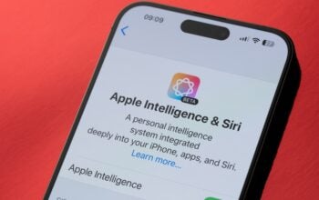 Apple intelligence service app and Siri on smartphone screen close up view