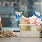 Everything you need to get your AI squeaky clean. Shot of cleaning products on the floor at home.
