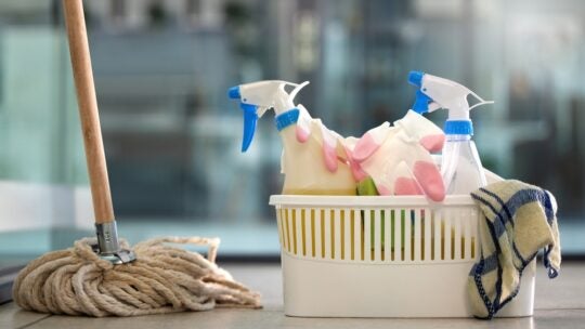 Everything you need to get your AI squeaky clean. Shot of cleaning products on the floor at home.