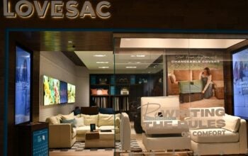 Lovesac store in a mall displaying couches