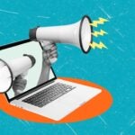 Art collage, Hands hold megaphones on either side of a laptop screen, symbolizing the power of digital media in amplifying communication. Various digital outreach strategies are visualized.