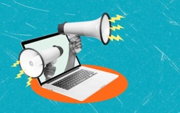 Art collage, Hands hold megaphones on either side of a laptop screen, symbolizing the power of digital media in amplifying communication. Various digital outreach strategies are visualized.