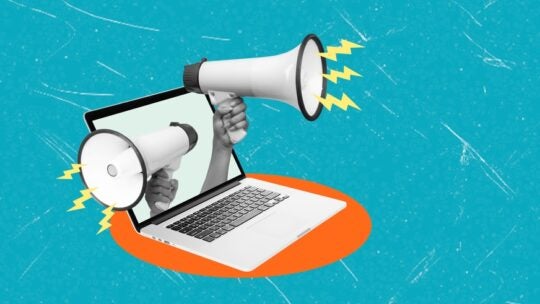 Art collage, Hands hold megaphones on either side of a laptop screen, symbolizing the power of digital media in amplifying communication. Various digital outreach strategies are visualized.