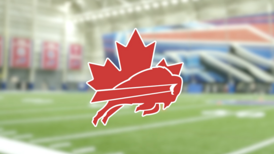 Buffalo Bills logo in red with a Canada leaf graphic