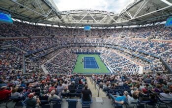 View of Arthur Ashe Stadium during US Open 2018 4th round game between Rafael Nadal of Spain & Nikoloz Basilashvili of Georgia at USTA Billie Jean King National Tennis Center