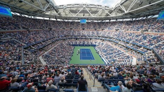 View of Arthur Ashe Stadium during US Open 2018 4th round game between Rafael Nadal of Spain & Nikoloz Basilashvili of Georgia at USTA Billie Jean King National Tennis Center