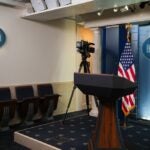 View of the empty WHITE HOUSE press room.