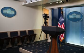 View of the empty WHITE HOUSE press room.