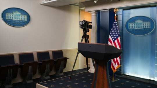 View of the empty WHITE HOUSE press room.